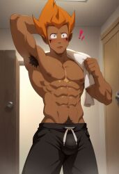 abs ai_generated armpit_hair balls bara big_balls big_penis bulge caught dark-skinned_male dark_skin gay ilovementits looking_at_viewer male male_only muscular muscular_male nipples orange_hair pecs penis pubic_hair solo tristepin wakfu yaoi