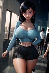 2d_(artwork) abdomen abdominals ai_generated aisle anime anime_style arms belly_button big_breasts breasts building clavicle collarbone cowboy_shot cute day daytime disney dutch_angle earrings female female_focus female_only fringe_hair from_front_position hand_behind_back hands-free high_resolution highres hourglass_figure huge_breasts large_breasts light light-skinned light-skinned_female light_body light_skin lighting lips lipstick long_sleeves looking_at_viewer midriff miniskirt navel people_in_background pixar pose posing posing_for_the_viewer seducing seduction seductive seductive_body seductive_look seductive_mouth seductive_pose serious serious_face serious_look shiny shiny_breasts shiny_clothes shiny_hair shiny_skin shirt sky sky4maleja slim_waist stars straight_hair suspenders the_incredibles the_incredibles_2 thick_thighs tight_clothes tight_clothing violet_eyes violet_parr walking watermark window