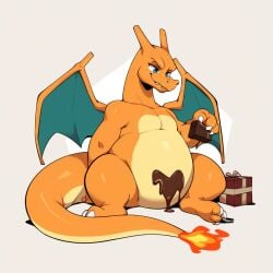 3_toes ai_generated ambiguous_gender belly blue_eyes candy charizard chocolate claws dessert dragon feet feral fire flaming_tail food generation_1_pokemon hellsonger hi_res male membrane_(anatomy) membranous_wings nintendo orange_body overweight overweight_ambiguous pokemon pokemon_(species) scalie simple_background sitting slightly_chubby smile solo toe_claws toes white_background wings