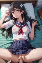 ai_generated bagpack bed censored censored_penis clothed_female_nude_male clothed_sex erect_nipples laying_on_back laying_on_bed missionary_position missionary_sex missionary_style nipples_visible_through_clothing nude nude_male pillow sailor_fuku saten_ruiko school_uniform schoolgirl_uniform sex to_aru_kagaku_no_railgun to_aru_majutsu_no_index vaginal_penetration vaginal_sex