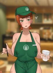 apron areola_slip barista ben_10 blurry blurry_background blush bobtheneet breasts casual cleavage covered_erect_nipples cowboy_shot cup drinking_glass female female_focus green_eyes groin gwen_tennyson hat headwear highres holding holding_cup holding_pencil human iced_latte_with_breast_milk_(meme) indoors lactation lactation_through_clothes large_breasts legs looking_at_viewer meme naked_apron orange_hair outerwear pale_skin parody pencil public short_hair solo standing starbucks thick_thighs thighs