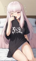 1girls ai_generated black_shirt female female_only fire_emblem fire_emblem:_three_houses kslgsnb lysithea_von_ordelia nintendo one_eye_closed open_mouth panties pink_eyes pixai shirt sleepy solo thighs underwear white_hair white_panties yawn