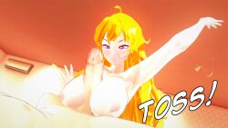 1boy 1girls big_breasts blonde_female blonde_hair breasts censored erect_penis faceless_male huge_cock long_hair long_hair_female nakadashi_(artist) nude_female nude_male purple_eyes removing_bikini rwby yang_xiao_long