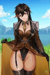 1girls big_breasts black_hair cameltoe curvy female female_only genderswap_(mtf) genshin_impact gloves large_breasts leotard long_hair nextoad rule_63 solo solo_female thick thick_thighs thighhighs thighs voluptuous yellow_eyes zhongli_(genshin_impact) zhongli_jiejie