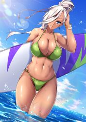 1girls abs aran_(maplestory) beach belly_piercing bikini blue_eyes bracelets breasts dark-skinned_female dark_skin ear_piercing earrings fit_female green_bikini hair_over_one_eye large_breasts maplestory queasy_s smile surfboard thigh_gap water white_hair