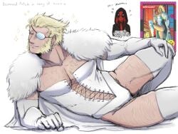 2boys baimonbluewhale blonde_hair chest_hair corset cosplay cross-laced_clothes deadpool emma_frost_(cosplay) english_text eyepatch facial_hair fur_cape gay hairy heart hood_up leg_hair male marvel marvel_comics revealing_clothes smile thigh_boots white_boots wolverine_(x-men) x-men yaoi