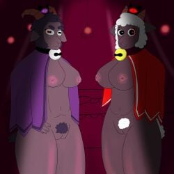 absurd_res anthro bell bell_collar big_breasts black_body black_fur bovid breasts caprine collar cult_of_the_lamb digital_media_(artwork) duo female fur genitals goat goat_(cult_of_the_lamb) hi_res horn lamb_(cult_of_the_lamb) looking_at_viewer mammal massive_monster_(studio) nipples nude purple_crown_(cult_of_the_lamb) pussy red_crown_(cult_of_the_lamb) royalspice905 rule_63 sheep white_body white_fur wool_(fur)