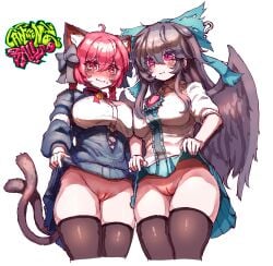 2girls ? absurdres ahoge animal_ears black_bow black_hair black_thighhighs black_wings blush bow bowtie breasts cat_ears cat_girl cat_tail cleft_of_venus closed_mouth clothes_lift commentary commission cross-laced_clothes english_commentary female green_bow green_skirt hairbow highres kaenbyou_rin lifting_own_clothes long_hair long_sleeves multi_tail multiple_girls multiple_tails nekomata no_panties pussy rampa93 red_bow red_bowtie red_eyes reiuji_utsuho short_hair simple_background skirt skirt_lift sweat tail tails thighhighs third_eye touhou twin_braids two_tails variant_set white_background wings