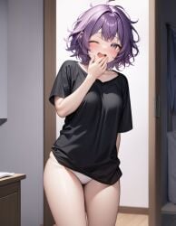 1girls ai_generated bean_smile bernadetta_von_varley black_shirt blush cute female female_only fire_emblem fire_emblem:_three_houses gray_eyes grey_eyes kslgsnb looking_at_viewer medium_breasts messy_hair nintendo one_eye_closed open_mouth panties purple_hair shirt sleepy solo thighs underwear white_panties yawn yodayo