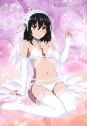 arm_gloves bare_belly bare_shoulders belly_button black_hair breasts bride brown_eyes cleavage feet garter_belt garter_straps himeragi_yukina lingerie megami_magazine mouth_closed official_art panties shiny_skin short_hair smile strike_the_blood thighhighs thighs underwear wedding_dress wedding_lingerie wedding_ring wedding_veil white_lingerie