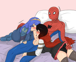 1boy 2girls ass ass_grab black_panties collaborative_fellatio crossover eastern_and_western_character fellatio female fire_emblem fire_emblem_awakening hair_on_head lucina_(fire_emblem) male marvel marvel_comics multiple_girls oral panties penis penis_lick ruby_rose rwby source_request spider-man spider-man_(series) sucking tagme teamwork threesome upskirt zronku