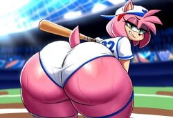 1girls ai_generated amy_rose anthro ass baseball baseball_bat baseball_cap baseball_uniform female furry green_eyes hedgehog huge_ass looking_at_viewer looking_back mobian_(species) mullon novelai pink_fur pink_hair rodent seductive_smile sega smile sonic_(series) sonic_the_hedgehog_(series) sportswear sweat