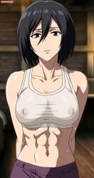 abs accurate_art_style anime attack_on_titan black_hair breasts fit_body fit_female mikasa_ackerman short_hair shoulders sports_bra sweat sweaty_bra toned_body toned_female