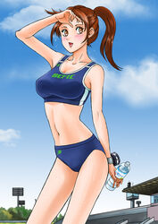 alluring athletic_female bottle brown_eyes brown_hair day female fit_female hayami_sena mashin_sentai_kiramager stadium super_sentai sweat sweaty track_and_field track_suit voluptuous water_bottle