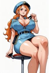 ai_generated alluring big_breasts blush breasts brown_eyes cleavage female female_only long_hair looking_at_viewer nami nami_(one_piece) one_piece open_mouth orange_hair police_hat police_officer police_uniform policewoman seducing seduction seductive seductive_body seductive_eyes seductive_gaze seductive_look seductive_mouth seductive_pose shiny_hair shiny_skin sitting sitting_on_chair skirt sweat sweatdrop sweating sweaty sweaty_body tongue_out voluptuous voluptuous_female yashin