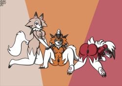 3girls anthro artist_name brokenrekordbro canine dusk_lycanroc female female_only furry looking_at_viewer lycanroc midday_lycanroc midnight_lycanroc pokémon_(species) pokemon presenting presenting_hindquarters presenting_pussy pussy spread_legs take_your_pick