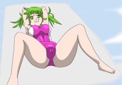 cameltoe dawn_(melangalade) green_hair holding_breath melangalade one-piece_swimsuit pink_swimsuit spread_legs swimsuit swimwear underwater