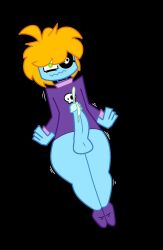 1boy bit-fruity blue_skin bottomless color cumming eyepatch green_eyes leaking_cum light_blue_skin no_pants no_underwear orange_hair original_character penis penis_out puffy_hair purple_shirt purple_shoes shaking shoes shoes_without_bottomwear simple_background skinny sweater tagme toony