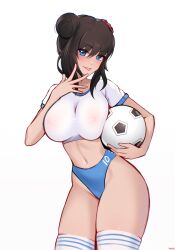 :p _wepilly black_hair bloomers blue_eyes intimate_rain large_breasts looking_at_viewer oc original original_character pinup red_hair_ornament soccer soccer_ball soccer_uniform the_city_of_reygarth translucent translucent_clothing