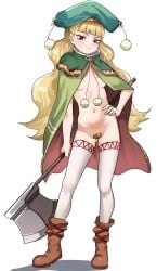 1girls absurdres alternate_costume axe blonde_hair blush boots breasts cloak commission cosplay covered_pussy eitri_(fire_emblem) female female_only fire_emblem fire_emblem_heroes full_body green_cloak green_hat halfling halfling_female hand_on_own_hip hat highres kuroinu_~kedakaki_seijo_wa_hakudaku_ni_somaru~ long_hair looking_at_viewer navel nintendo non-web_source pussy_covered red_eyes revealing_clothes ruu_ruu ruu_ruu_(cosplay) small_breasts smile solo solo_female standing thighhighs underboob weapon white_thighhighs zd_(pixiv6210083)