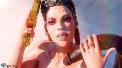 3d apex_legends blender_(software) braces braided_hair cum cum_on_face cumshot dark-skinned_male dark_skin dick electronic_arts facial gun holding_gun holding_penis interracial loba loba_(apex_legends) loba_andrade respawn_entertainment suifuta tattoo