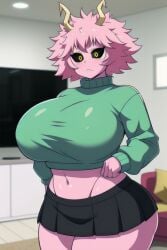 ai_generated black_sclera crop_top crop_top_sweater horns mina_ashido miniskirt my_hero_academia pink_hair pink_skin skirt yellow_eyes