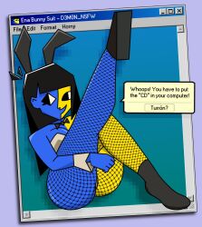 1girls 2021 artist_name blue_skin breasts bunnysuit cleavage d3mon_nsfw ena ena_(series) english_text female female_only fishnets humanoid joel_g leg_grab leg_up sitting solo_female text text_box turrón_de_doña_pepa turron windows_xp yellow_skin