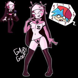 ? armwear bikini_bottom boots boyfriend_(friday_night_funkin) female female_only finger_on_chin footwear friday_night_funkin goatgaby headwear long_gloves mid-fight_masses ornament panties pasties provocative sarvente_(dokki.doodlez) smile suggestive thigh_boots underwear