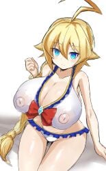 1girls ahoge blazblue blonde_hair blue_eyes braided_hair braided_ponytail breasts cleavage es_(xblaze) female huge_breasts looking_at_viewer nipple_bulge nipples nipples_visible_through_clothing ponytail smile solo swimsuit tied_hair voldred2525 white_background xblaze