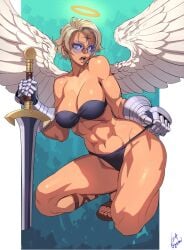 1girls abs absurd_res angel angel_wings blonde_hair character_request cleavage copyright_request eyewear glasses halo hi_res holding_object light_brown_eyes looking_at_viewer muscular muscular_female ogami open_mouth round_glasses short_hair signature solo thick_thighs wings