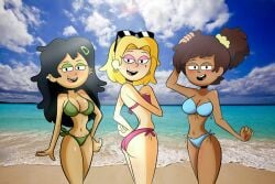 3girls aged_up amphibia amphibia_(finale) anne_boonchuy beach bikini blush cleavage cropped disney disney_channel edit female female_only friends hourglass_figure javisuzumiya looking_at_viewer marcy_wu realistic_background sasha_waybright smile swimsuit third-party_edit trio trio_focus