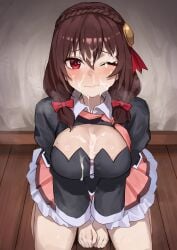 absurdres amog bed bow braid breasts brown_hair cleavage cleavage_cutout closed_mouth clothing_cutout collared_shirt crown_braid cum cum_on_body cum_on_breasts cum_on_hair facial female hair_between_eyes hair_ornament hairbow highres indoors kneeling kono_subarashii_sekai_ni_shukufuku_wo! large_breasts long_hair long_sleeves looking_at_viewer low_twintails necktie necktie_aside pink_necktie pink_skirt red_bow red_eyes shirt skirt solo twintails yunyun_(konosuba)