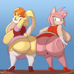 2girls amy_rose ass_built_separately beauty_mark big_ass bottomless butt_slap female fur hedgehog huge_ass huge_breasts plaga rabbit sega small_but_cheeky sonic_(series) vanilla_the_rabbit video_games