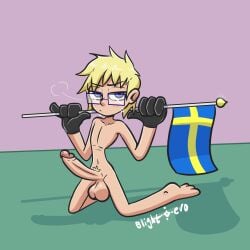 1boy 6/6 alternate_version_available artist_name axis_powers_hetalia balls blightstar blonde_hair blush erection flag glasses gloves_only hands_up holding_flag kneeling large_penis looking_at_viewer male male_only national_holiday national_personification penis posing pubic_hair short_hair sigh skinny smooth_balls solo sweden sweden_(hetalia) swedish_flag toony young