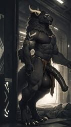 absurd_res animal_genitalia animal_penis anthro armband balls big_balls big_penis black_body black_fur bodily_fluids bottomwear bottomwear_aside claws clothing clothing_aside dark_body dark_fur digitigrade equine_penis felkin fluffy full-length_portrait fur futuristic genital_fluids genitals hi_res horn huge_balls huge_cock jewelry leaking_precum loincloth loincloth_aside male markings muscular neck_tuft penis portrait precum side_view solo tribal tribal_jewelry tribal_markings tuft youssefalsuccjeeda