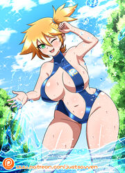 adapted_costume alternate_breast_size asymmetrical_hair bare_arms bare_legs blush breasts curvaceous female game_freak green_eyes gym_leader high_resolution hips huge_breasts human kasumi_(pokemon) large_breasts legs looking_at_viewer misty_(pokemon) nintendo nipples one-piece_swimsuit one_eye_closed orange_hair pokemon pokemon_(game) pokemon_rgby ponytail red_hair shirt short_hair side_ponytail solo swimsuit the_electric_tale_of_pikachu thick thick_thighs thighs tied_hair tight_clothes water wide_hips yensh