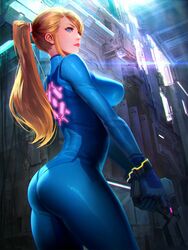 big_ass blonde_hair blue_eyes busty large_breasts lipstick long_hair metroid nintendo samus_aran shuichi_wada tight_clothing zero_suit zero_suit_samus