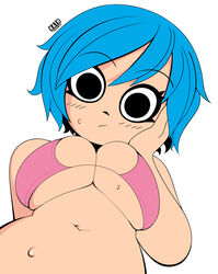 1girls big_eyes bikini bikini_top blue_hair blush breasts breasts_squeeze breasts_squish eyebrows_visible_through_hair eyelashes female hand_on_head kath_hawkins large_breasts larger_female light-skinned_female light_skin looking_at_viewer mascara navel ramona_flowers scott_pilgrim short_hair simple_face solo solo_female solo_focus stomach surprised sweatdrop swimsuit swimwear triangle_nose watermark white_background