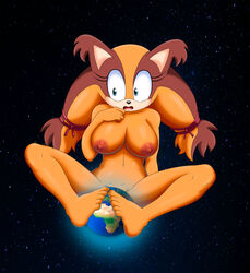 absurd_res animal_humanoid anthro badger blue_eyes breasts chaosknight_1 female hi_res humanoid macro mammal mammal_humanoid mustelid musteline nipples orange_body planet sega simple_background solo sonic_(series) sonic_boom sonic_the_hedgehog_(series) space sticks_the_badger sticks_the_jungle_badger sticks_the_tejon video_games