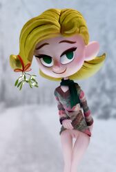 :) blonde_hair christmas dress dress_lift elf:_buddy's_musical_christmas elf_(film) flashing_pussy green_eyes jovie lifting light-skinned_female light_skin looking_at_viewer mistletoe outdoors petite pussy scarf smile snow sweat thigh_gap upskirt