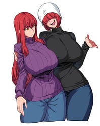 2girls 5_fingers bakunyuu bangs big_breasts biriri_(spacezin) breast_press breast_squeeze breasts clothed clothes clothing electrode_(pokemon) eyebrows eyebrows_visible_through_hair eyelashes female female_only fully_clothed gijinka hair_over_eyes hidden hidden_eyes hips huge_breasts jeans large_breasts long_hair open_mouth personification pokemon red_hair redhead short_hair simple_background sisters smile smiling spacezin sweat sweater sweating teeth thick thick_thighs thighs tongue top_heavy very_long_hair voltorb voluptuous white_background wide_hips yellow_eyes