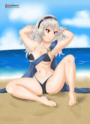 1girls beach bikini breasts cape coronvirsin corrin_(fire_emblem) corrin_(fire_emblem)_(female) enigma_heart female female_only fire_emblem fire_emblem_fates light-skinned_female light_skin long_hair nintendo nipples_visible_through_clothing ocean outdoors outside red_eyes sand sitting solo solo_female water white_hair