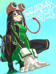 dark_eyes dark_hair feet frog_pose hand_on_ground hero_outfit_(mha) long_tongue medium_breasts my_hero_academia shuichi_wada thick_thighs tongue_out tsuyu_asui