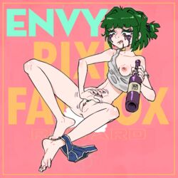 1girls bottle bottomless breast_outside crying drunk feet green_hair oca original pale pussy pussy_juice short_hair small_breasts solo spread_legs text_background