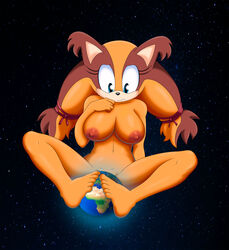 absurd_res animal_humanoid anthro badger blue_eyes breasts chaosknight_1 female hi_res humanoid macro mammal mammal_humanoid mustelid musteline nipples orange_body planet sega simple_background solo sonic_(series) sonic_boom sonic_the_hedgehog_(series) space sticks_the_badger sticks_the_jungle_badger sticks_the_tejon video_games