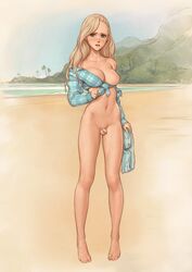 anonfutashopper_(editor) balls barefoot beach belly_button blonde_hair blue_shirt breasts denim_shorts edit flaccid flaccid_penis front-tie_top futanari green_eyes i0525 intersex legs medium_breasts medium_hair midriff midriff_baring_shirt navel ocean one_breast_out original original_character penis plaid plaid_shirt shirt short_shorts shorts small_penis solo standing taking_clothes_off tied_shirt undressing water