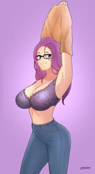 armpit arms_above_head arms_up ass blue_jeans bra breasts collarbone covered_breasts covered_nipples eyebrows female female female_focus female_only glasses jeans kagamihara_sakura lace-trimmed_bra lackatask looking_at_viewer purple_background purple_bra purple_eyes purple_hair simple_background smile smiling smiling_at_viewer solo solo_female solo_focus standing topwear_lift yurucamp