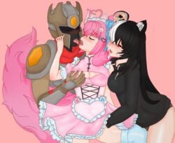 1boy 2girls black_body black_hair black_jacket breasts breasts_grab cat_ears cat_tail closed_eyes farfadox female flushed indie_virtual_youtuber latam_virtual_youtuber long_hair maid_outfit male multicolored_hair nekomimi panties pink_hair red_eyes red_scarf serpias suwie tagme thick_thighs thighs thong_panties tongue_kiss touching_breast virtual_youtuber vtuber vtuberfanart white_hair