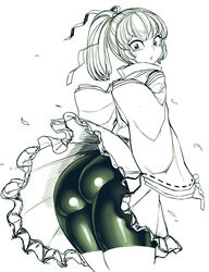 1girls ass ass_focus bangs big_ass big_butt bike_shorts bubble_ass bubble_butt butt female female_only huge_ass huge_butt large_ass large_butt long_sleeves looking_back monochrome mononobe_no_futo ponytail reflective_clothing sketch solo solo_female spacezin tagme touhou traditional_clothes upskirt wind wind_lift