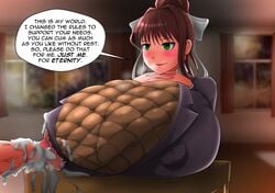 bow brown_hair cum doki_doki_literature_club escapefromexpansion gigantic_breasts green_eyes hand_on_breast huge_breasts huge_nipples hyper hyper_breasts monika_(doki_doki_literature_club) nipple nipple_bulge nipple_fucking nipple_penetration speech_bubble